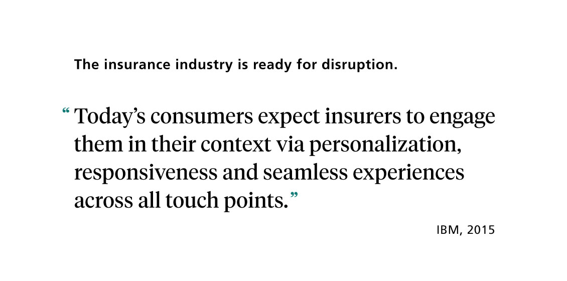 The insurance industry is ready for disruption. "Today’s consumers expect insurers to engage them in their context via personalization, responsiveness and seamless experiences across all touch points." (IBM, 2015)